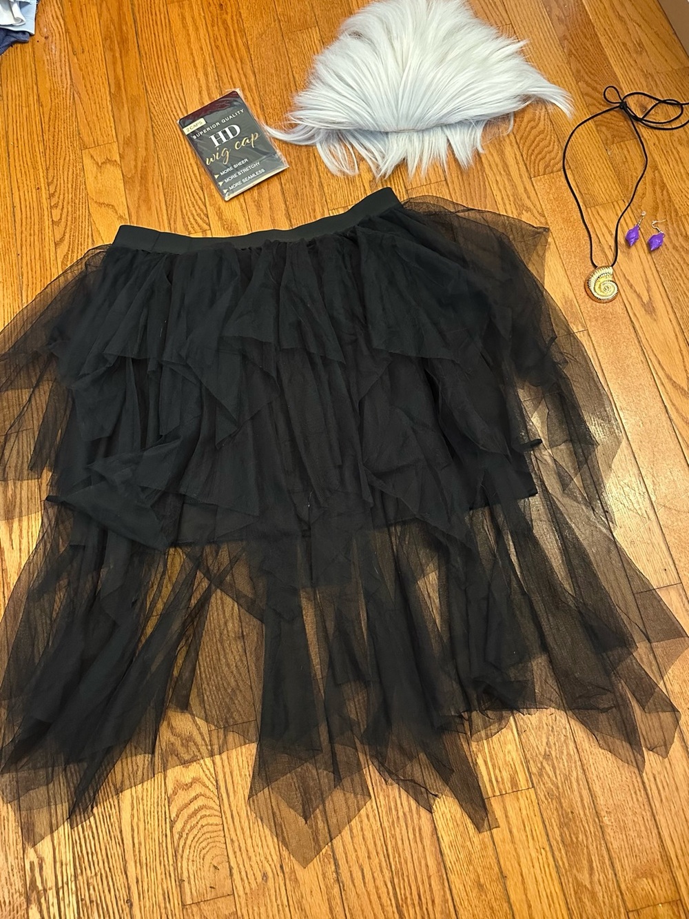 Ursula Costume Set- XXL Black Tulle Skirt, Silver Wig, Wig Cap & Jewelry